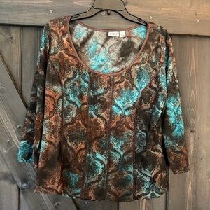Vintage Cato Teal and Brown Patterned Women's Blouse